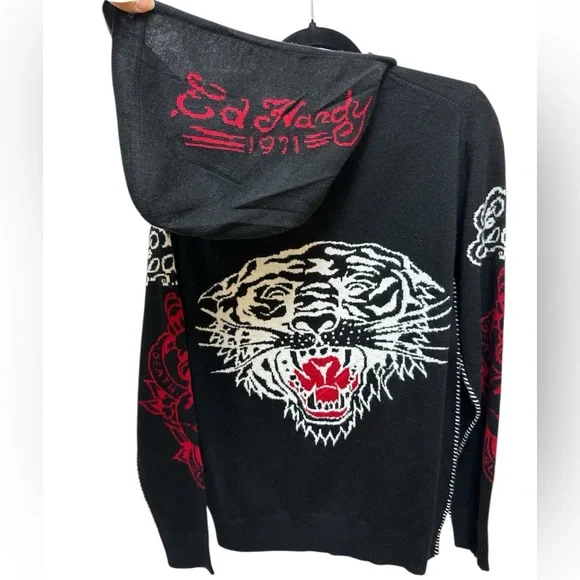 🔥 NWT! Ed Hardy Tiger Special Knit Full Zip Lightweight Sweater Hoodie